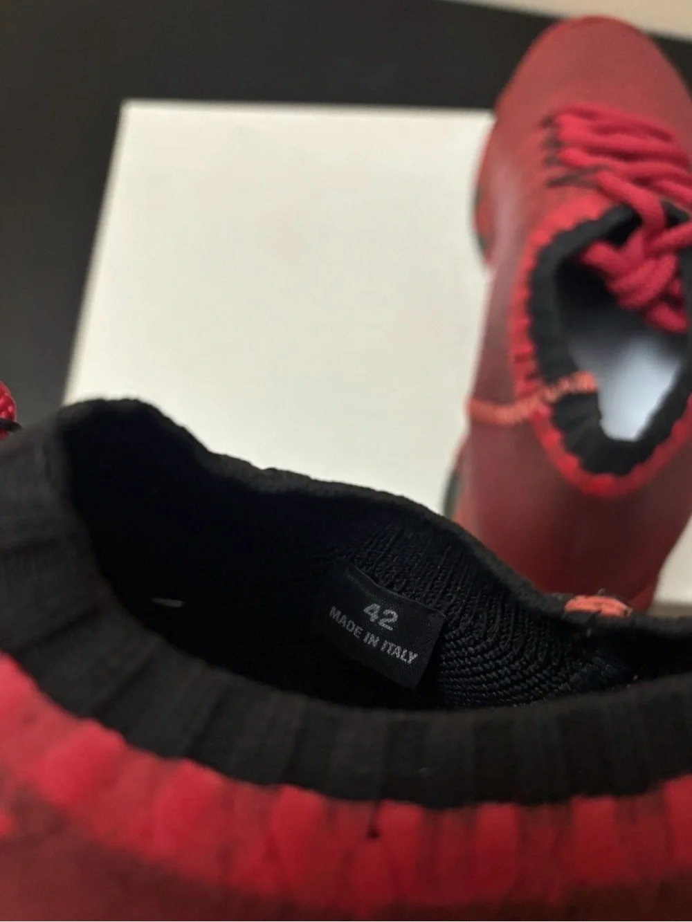 Maison Martin Margiela Cracked Paint Knit Trainer Red Black
